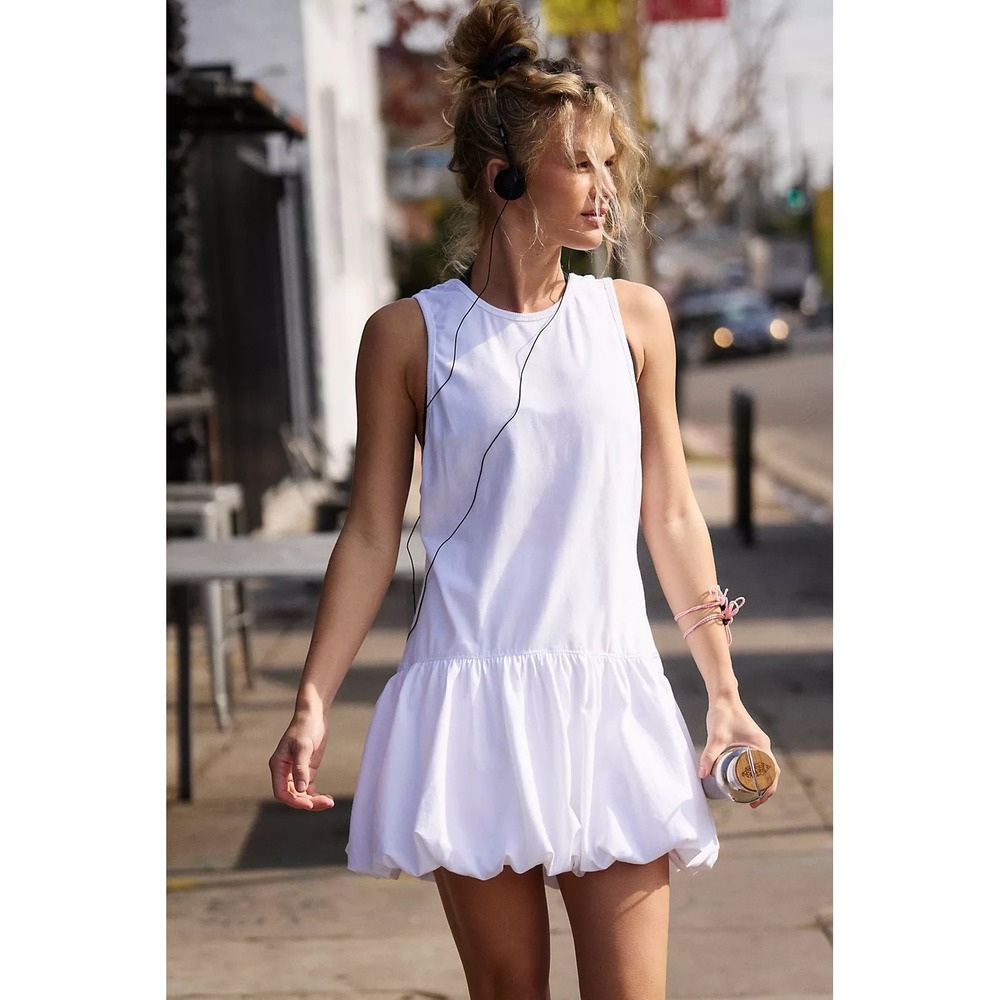 Free People White Sleeveless Bubble-Hem Mini Dress